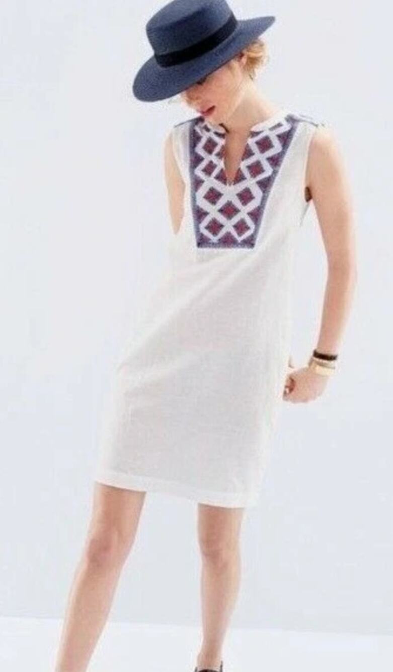 J. Crew Sleeveless V-Neck Embroidered Sunburst Dress Size XS Linen Cotton Boho